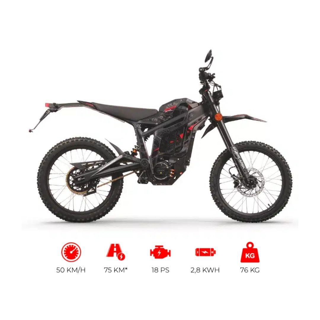 Talaria MX5 Elektro-Crossbike in schwarzer Ausführung, Seitenansicht mit Stollenreifen